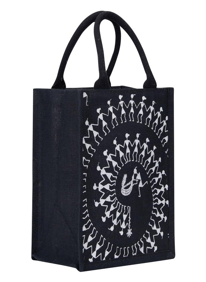 Jute Cottage Jute Bags for Lunch for Men | Jute Bags with Zip | Jute Tote Bag | Jute Tiffin Bags | Printed Jute Bag | Jute Carry Bag, Black - Image 1